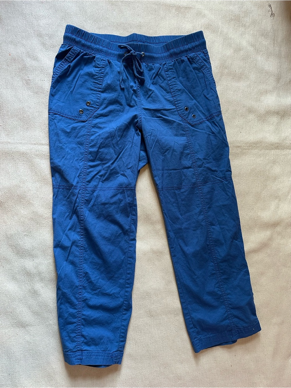 Women’s Blue Capri Pants Cropped Utility Cargo Drawstring Elastic Waist Pockets - Picture 5 of 9